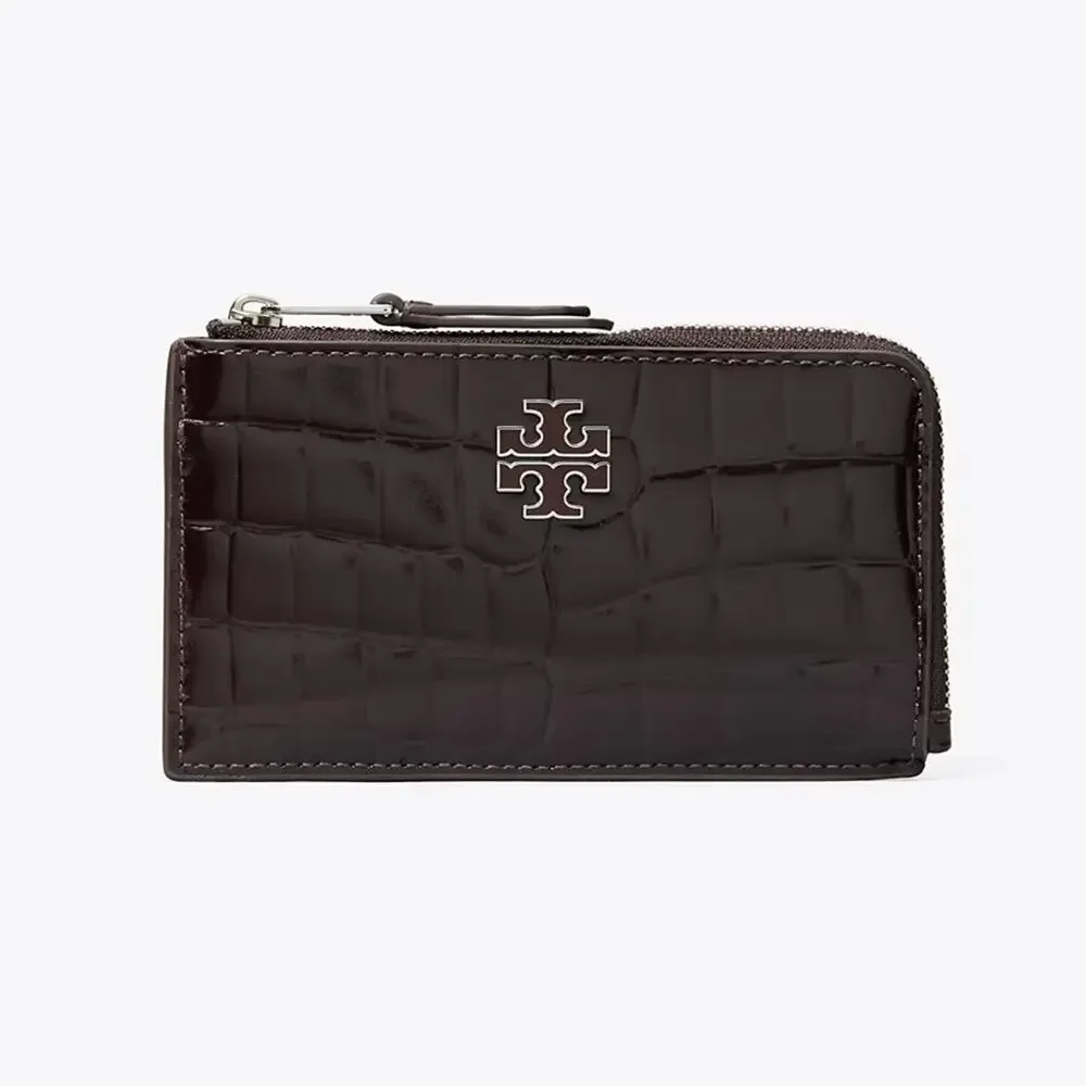 New‼️Tory Burch Britten Shiny Embossed Zip Card Case 182583 AMARANTH $170